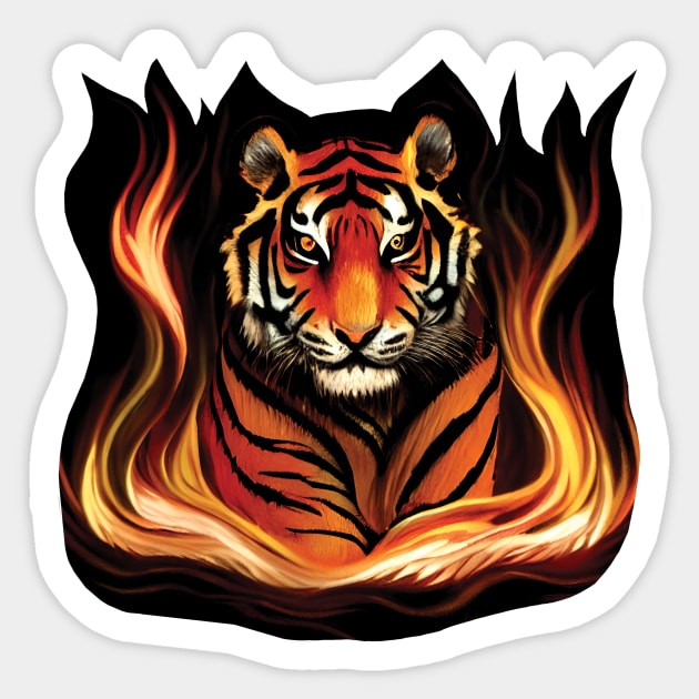 Tiger Walking Through Fire Sticker by Geminiartstudio